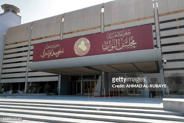 This picture taken on March 26, 2022 shows a view of the exterior of Iraq's Council of Representatives, the country's unicameral legislature, in the...
