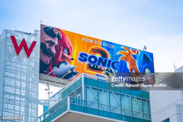 General views of a 'Sonic 2' skyscraper billboard campaign alongside the W Hollywood Hotel at Hollywood & Vine on March 25, 2022 in Hollywood,...