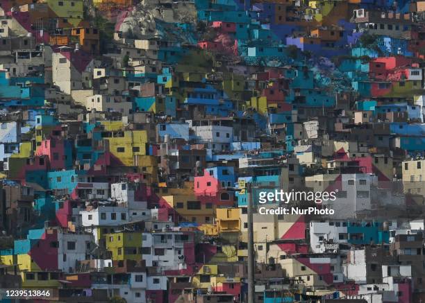 Painted houses on the San Cristobal hill in neighborhood of Leticia del Rimac. The project in Lima's Leticia neighborhood started only ten months ago...