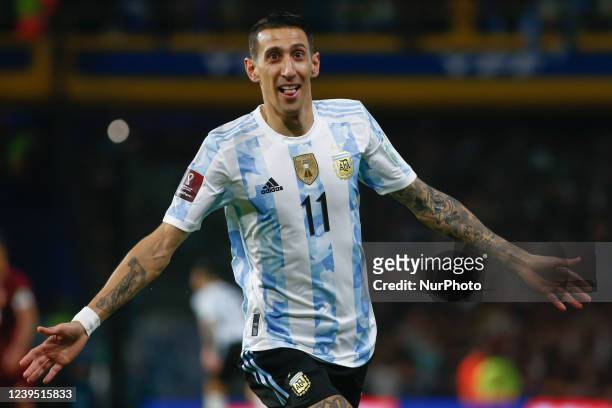 Angel Di Maria of Argentina celebrate a goal during a qualifying soccer match for the FIFA World Cup Qatar 2022 between Argentina and Venezuela in...