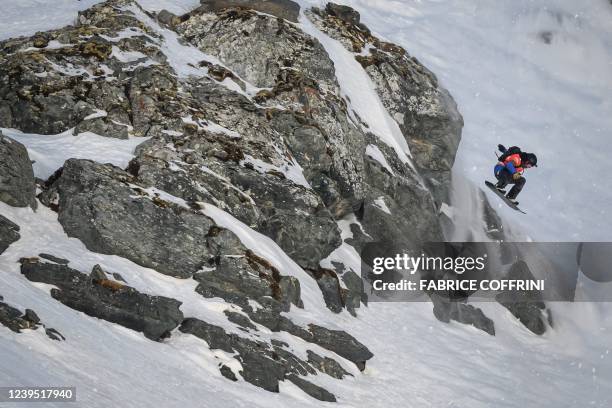 French rider Victor De Le Rue competes in the men's snowboard Verbier Xtreme Freeride World Tour final on the Bec de Rosses mountain, above the Swiss...