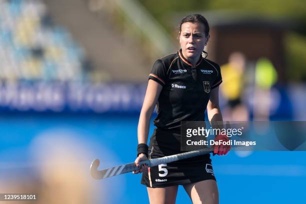 Selin Oruz of Germany looks on during the women´s FIH Pro League match between Germany and USA at SparkassenPark on March 26, 2022 in...