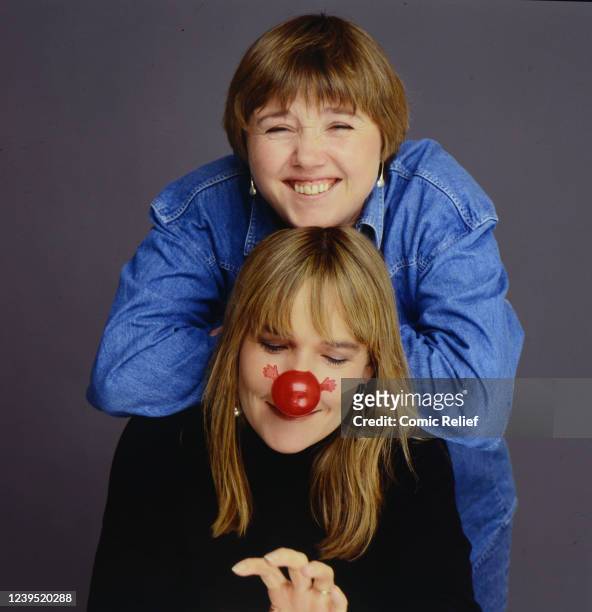 Pauline Quirke and Linda Robson take a break from filming of the Birds of a Feather sketch shown as part of the Night of TV 1991 in 1991 in England.