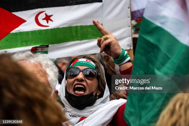 Woman is seen shouting during a demonstration in front of the Ministry of Foreign Affairs. The Saharawi community and supporters have gathered to...