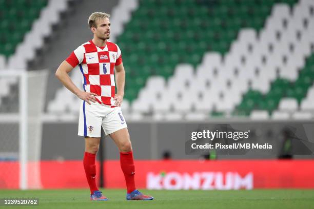 Marin Pongracic of Croatia reacts during the international friendly match between Croatia and Slovenia at Education City Stadium on March 26, 2022 in...