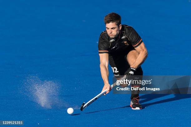 Gonzalo Peillat of Germany controls the ball during the Men FIH Pro League match between Germany and Spain at SparkassenPark on March 26, 2022 in...