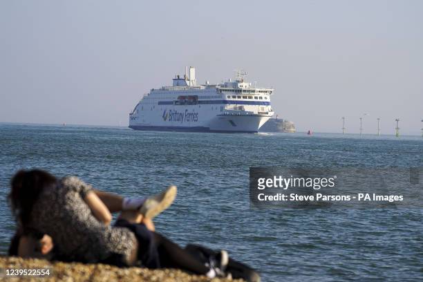 Brittany Ferries' Salamanca, the first ferry in the UK to run on the more environment friendly LNG , arrives into Portsmouth International Port in...