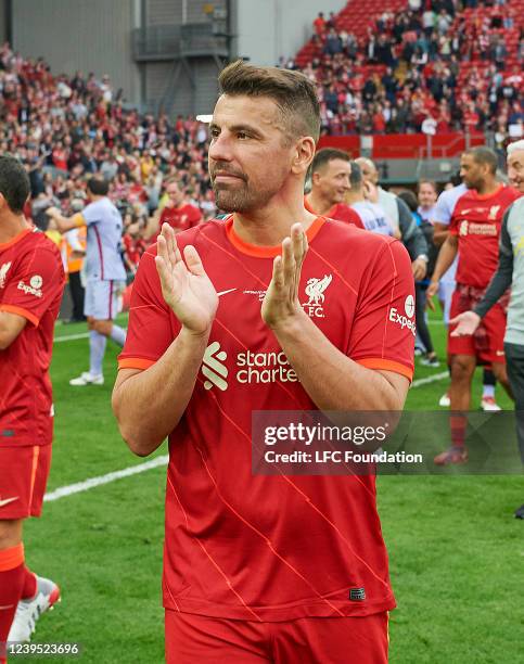 Milan Baros of Liverpool shows his appreciation of the fans after the LFC Foundation Charity Match at Anfield on March 26, 2022 in Liverpool, England.