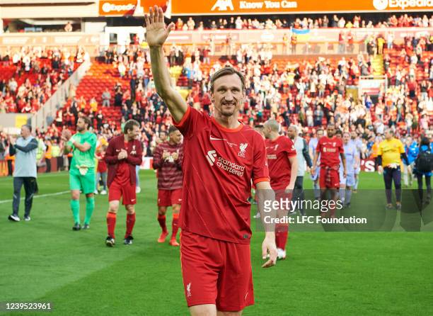 Sami Hyypia of Liverpool shows his appreciation of the fans after the LFC Foundation Charity Match at Anfield on March 26, 2022 in Liverpool, England.