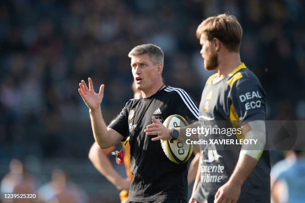 La Rochelle's coach Ronan O'Gara reacts during the French Top14 rugby union match between Stade Rochelais and Racing 92 at the Marcel-Deflandre...