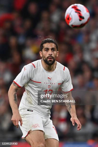 Switzerland's defender Ricardo Rodriguez keeps his eyes on the ball during the international friendly football match between England and Switzerland...