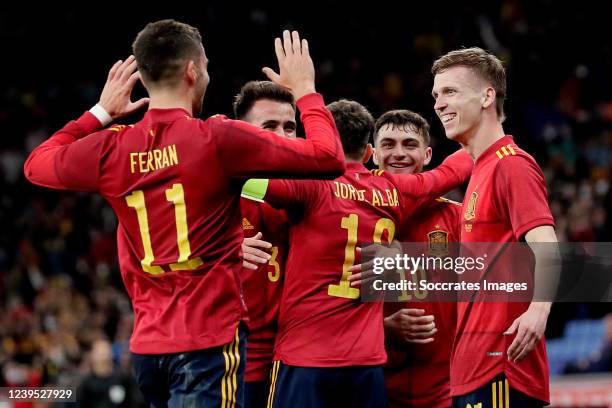 Ferran Torres of Spain, Jordi Alba of Spain, Daniel Olmo of Spain celebrates 2-1 during the International Friendly match between Spain v Albania at...