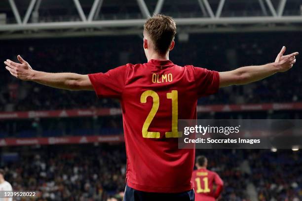 Daniel Olmo of Spain celebrate 2-1 during the International Friendly match between Spain v Albania at the RCDE Stadium on March 26, 2022 in Barcelona...