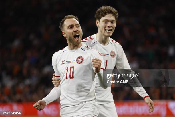 Christian Eriksen of Denmark, Andreas Skov Olsen of Denmark celebrate the 3-2 during the friendly match between the Netherlands and Denmark at the...