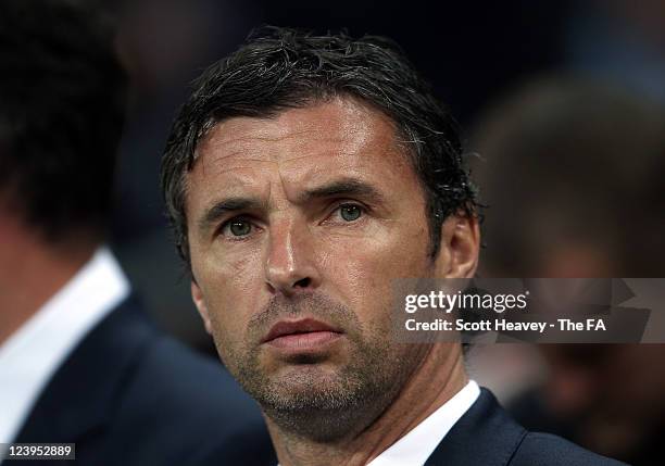 Wales manager Gary Speed during the UEFA EURO 2012 Group G Qualifying match between England and Wales at Wembley Stadium on September 6, 2011 in...