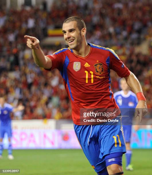 Alvaro Negredo of Spain celebrates after scoring Spain's 2nd goal during the EURO 2012 Qualifier match between Spain and Liechtenstein at estadio Las...