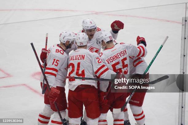 Spartak Hockey Club player, Oscar Dansk , Dmitri Kugryshev , Dmitri Vishnevsky , Maxim Tsyplakov seen celebrating during the Kontinental Hockey...