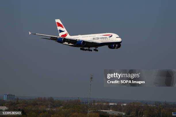 British Airways A380 approaches London Heathrow Airport to land.