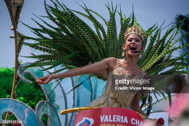 Queen of the carnival Valeria Charris performs in at Batalla de las Flores parade during the first day of the Barranquilla Carnival on March 26, 2022...