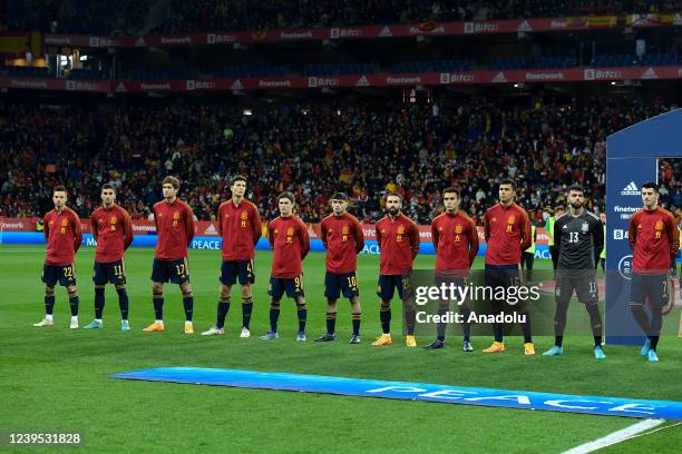 Spain's national team pose during the friendly football match between Spain and Albania at the RCDE Stadium in Cornella de Llobregat near Barcelona...