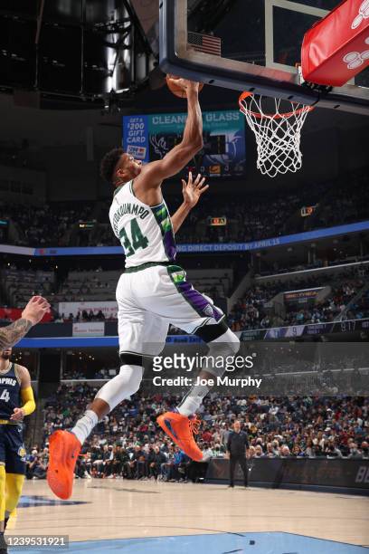 Giannis Antetokounmpo of the Milwaukee Bucks drives to the basket during the game against the Memphis Grizzlies on March 26, 2022 at FedExForum in...