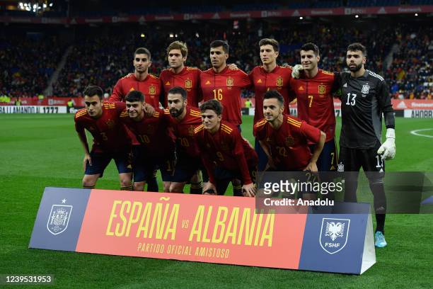 Spain's national team pose during the friendly football match between Spain and Albania at the RCDE Stadium in Cornella de Llobregat near Barcelona...