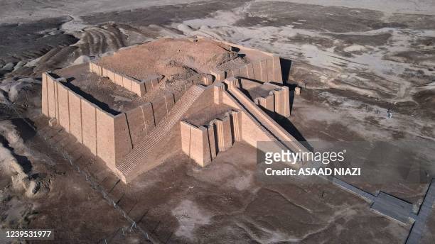 An aerial picture taken on February 13, 2022 shows the Great Ziggurat temple in the ancient city of Ur in Iraq's southern province of Dhi Qar near...