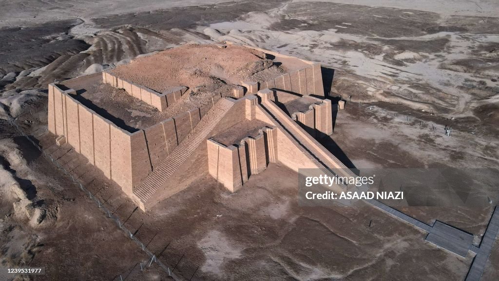 Landmarks In Iraq An aerial picture taken on February 13, 2022 shows the Great Ziggurat ...
