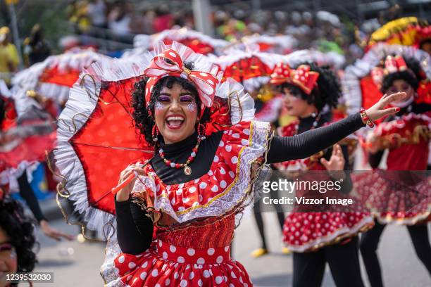 An artist perform at Batalla de las Flores parade during the first day of the Barranquilla Carnival on March 26, 2022 in Barranquilla, Colombia.