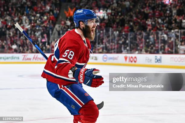 David Savard of the Montreal Canadiens celebrates his goal during the second period against the Toronto Maple Leafs at Centre Bell on March 26, 2022...