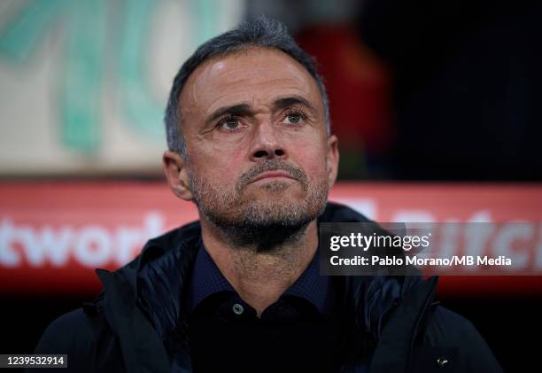 Spain manager, Luis Enrique reacts during the international friendly match between Spain and Albania at RCDE Stadium on March 26, 2022 in Barcelona,...