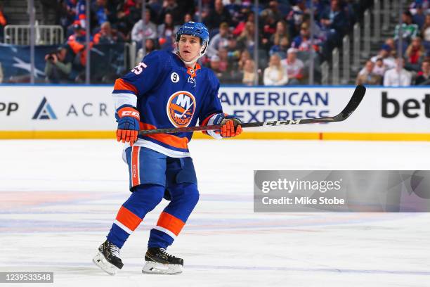 Sebastian Aho of the New York Islanders skates against the Detroit Red Wings at UBS Arena on March 24, 2022 in Elmont, New York. New York Islanders...