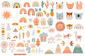 Set of cute kids boho elements, hand draw doodle and animals.