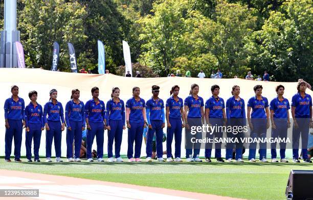 Indian team line up for the national anthems during the Women's Cricket World Cup match between South Africa and India at Hagley Oval in Christchurch...