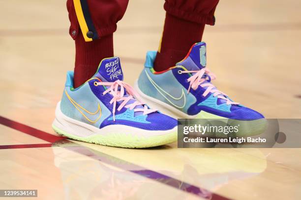 The sneakers worn by Ed Davis of the Cleveland Cavaliers during the game against the Chicago Bulls on March 25, 2022 at Rocket Mortgage FieldHouse in...