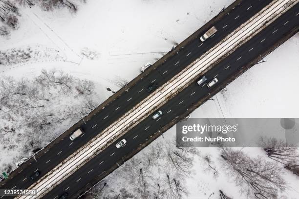 Drone view of Poniatowski Bridge, in Warsaw, Poland on January 13, 2021