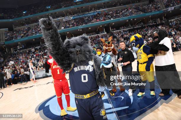 Mascot, Grizz of the Memphis Grizzlies celebrates his birthday during the game against the Milwaukee Bucks on March 26, 2022 at FedExForum in...