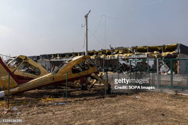 Destroyed planes and hangers are seen at AEROTIM Buzovaya Airfield in Kyiv Oblast. Russia invaded Ukraine on 24 February 2022, triggering the largest...