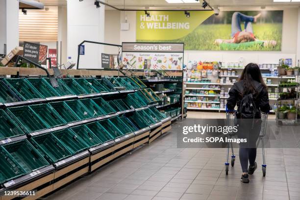 Customer seen with a trolley walking along the aisle of empty shelves of tomatoes. Lorry strikes in Spain continues affect the food supplies...