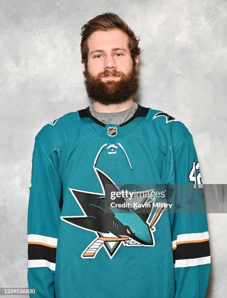 Jonah Gadjovich of the San Jose Sharks poses for his official headshot for the 2021-2022 season against the Anaheim Ducks at SAP Center on March 26,...