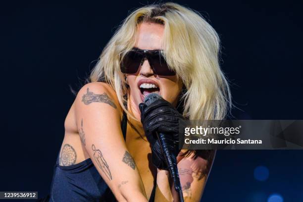 Miley Cyrus performs live on stage during day two of Lollapalooza Brazil Music Festival at Interlagos Racetrack on March 26, 2022 in Sao Paulo,...