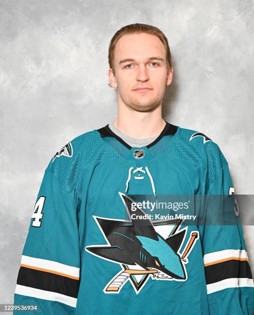 Kaapo Kahkonen of the San Jose Sharks poses for his official headshot for the 2021-2022 season against the Anaheim Ducks at SAP Center on March 26,...