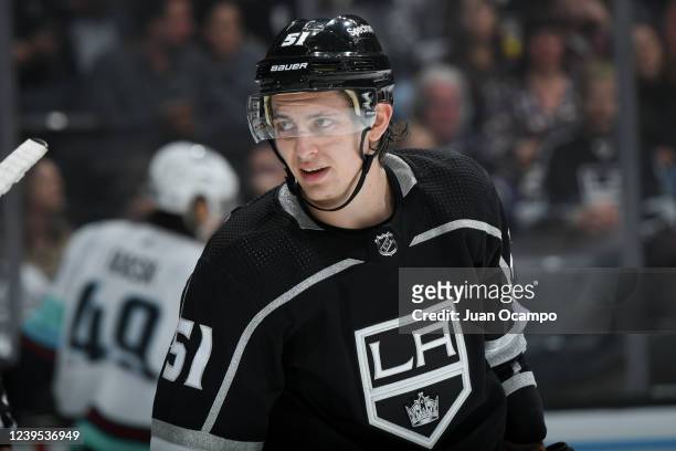 Troy Stecher of the Los Angeles Kings during the second period against the Seattle Kraken at Crypto.com Arena on March 26, 2022 in Los Angeles,...