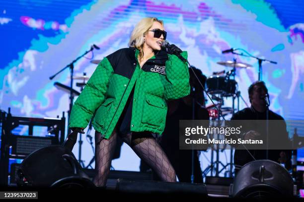 Miley Cyrus performs live on stage during day two of Lollapalooza Brazil Music Festival at Interlagos Racetrack on March 26, 2022 in Sao Paulo,...