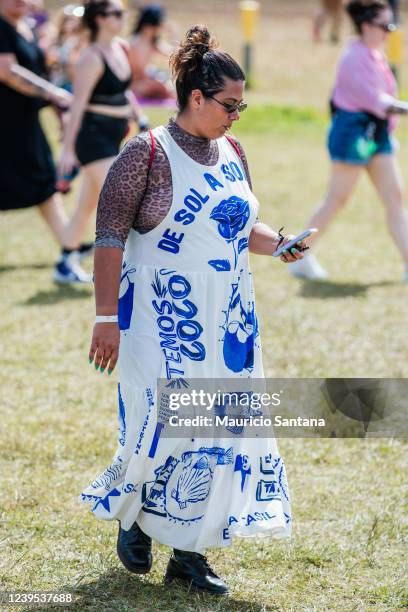 Fashionable attendee during day two of Lollapalooza Brazil Music Festival at Interlagos Racetrack on March 26, 2022 in Sao Paulo, Brazil.