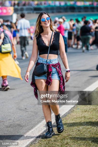 Fashionable attendee during day two of Lollapalooza Brazil Music Festival at Interlagos Racetrack on March 26, 2022 in Sao Paulo, Brazil.