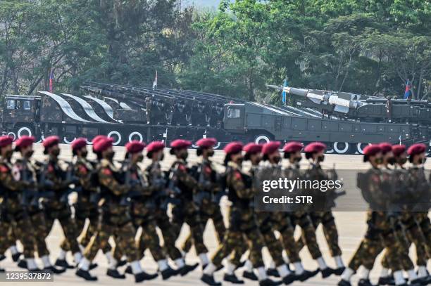 Members of the Myanmar military take part in a parade to mark the country's 77th Armed Forces Day in Naypyidaw on March 27, 2022.