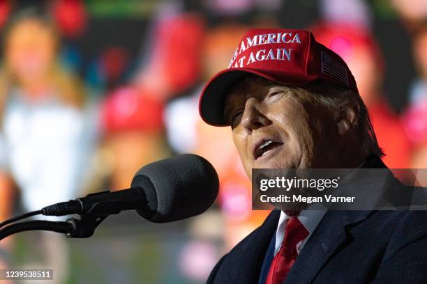 Former U.S. President Donald Trump speaks during a Save America rally at the Banks County Dragway on March 26, 2022 in Commerce, Georgia. This event...