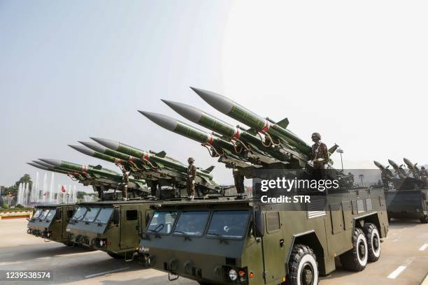Military hardware is displayed during a parade to celebrate Myanmar's 77th Armed Forces Day in Naypyidaw on March 27, 2022.