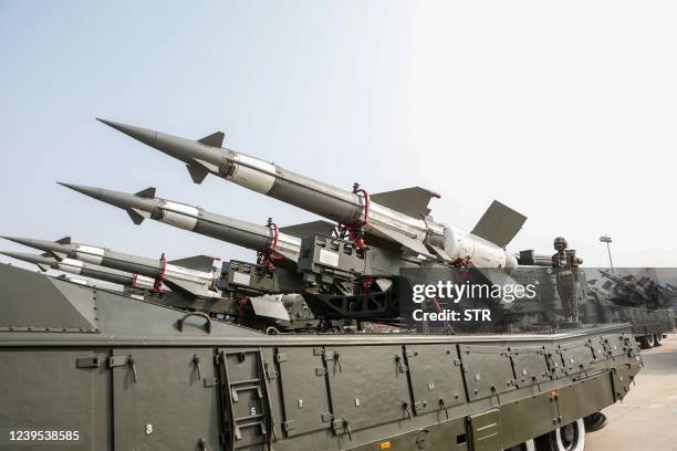 Military hardware is displayed during a parade to celebrate Myanmar's 77th Armed Forces Day in Naypyidaw on March 27, 2022.